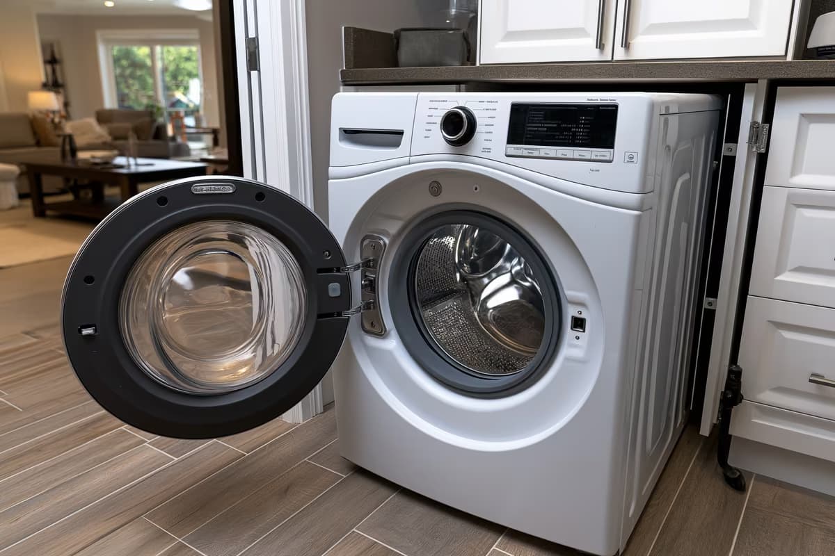 Une machine à laver domestique dont le panneau avant est ouvert pour entretien.