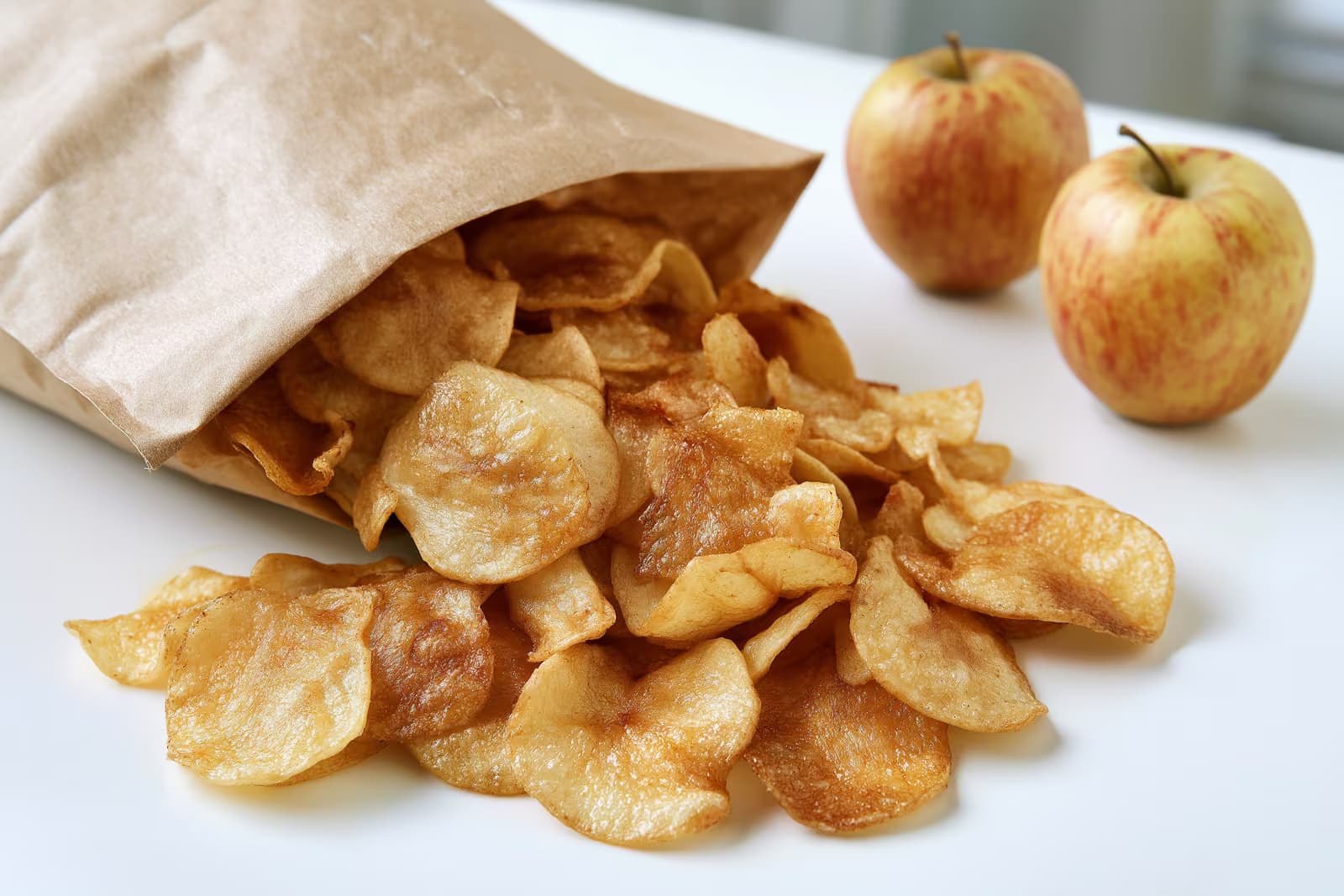 Un paquet de chips aux pommes pour enfants sur une étagère de cuisine, avec un symbole d'avertissement à côté.