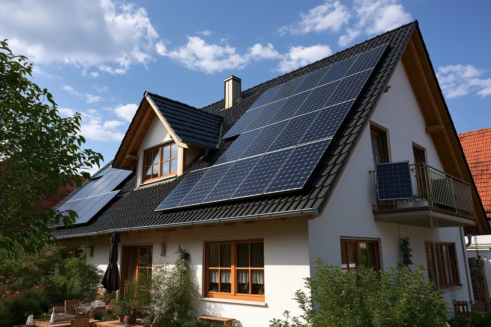Des rangées de panneaux solaires sur le toit d'une maison de banlieue allemande, sous un ciel dégagé.