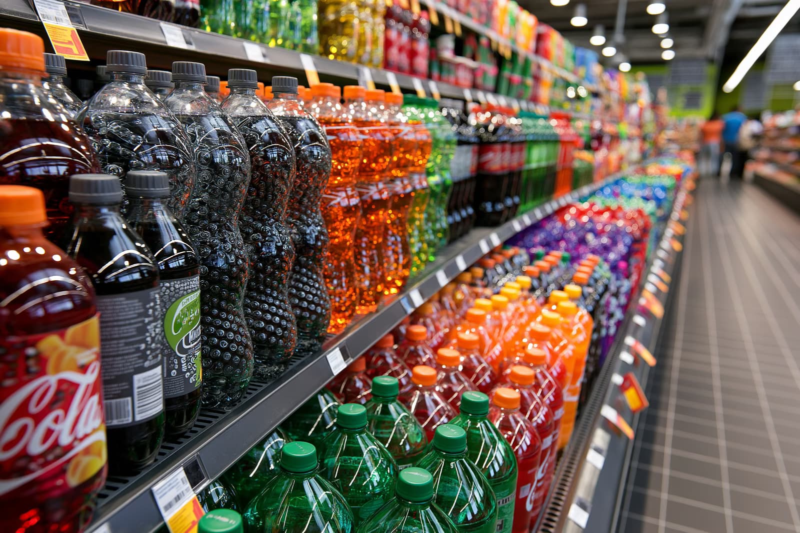 Des rangées de bouteilles de boissons gazeuses colorées dans un rayon lumineux d'un supermarché allemand : les produits que viserait une taxe sur le sucre.