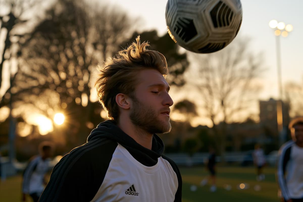 Un jeune défenseur en tenue d'entraînement simple effectue une tête sur un ballon, seul sur un terrain d'entraînement à l'heure dorée.