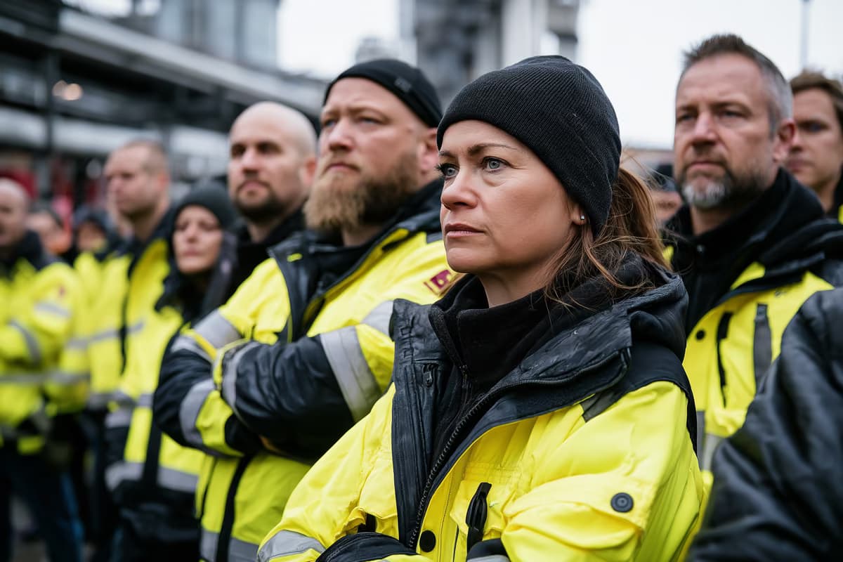 Des ouvriers d'usine, vêtus de gilets haute visibilité, se sont rassemblés devant une usine.
