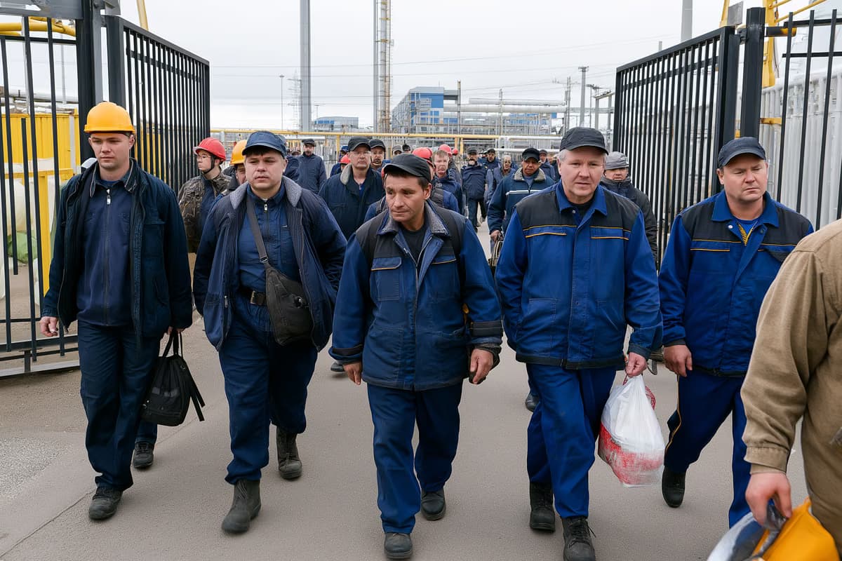 Des ouvriers d'usine en salopettes traversent la porte de l'usine lors du changement d'équipe sous un ciel nuageux