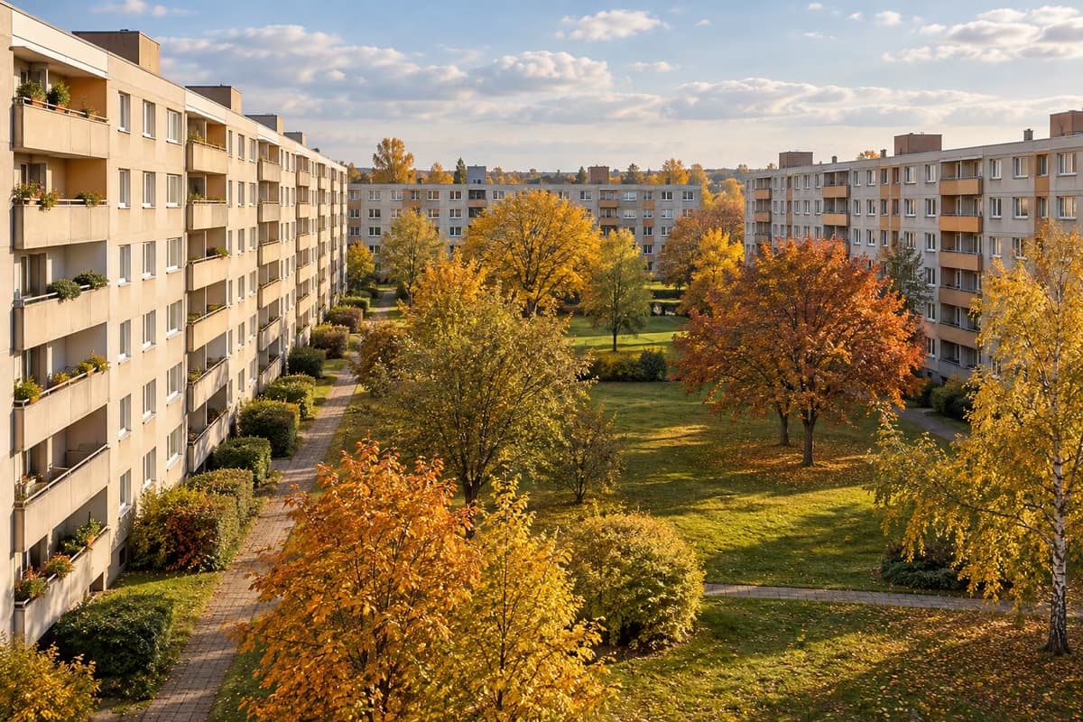 Une cité d'habitation d'après-guerre avec de longues barres d'immeubles autour d'une cour verte plantée d'arbres d'automne, au soleil de l'après-midi.