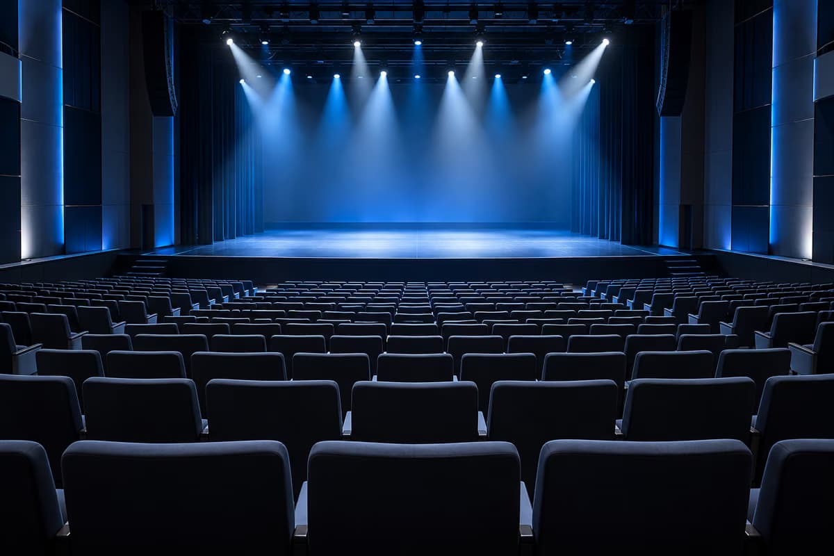 Un auditorium vide avec des rangées de sièges rembourrés face à une scène nue éclairée par des projecteurs bleus et blancs.