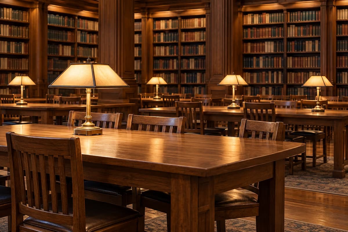 Une salle de lecture de bibliothèque vide avec des tables en bois, des chaises et des lampes de lecture en laiton devant de hautes étagères remplies de livres.