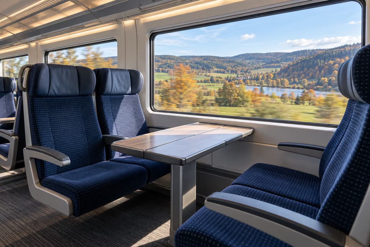 Des sièges vides au revêtement bleu autour d'une table dans une voiture de train moderne, tandis qu'un lac et des collines automnales défilent par la fenêtre.