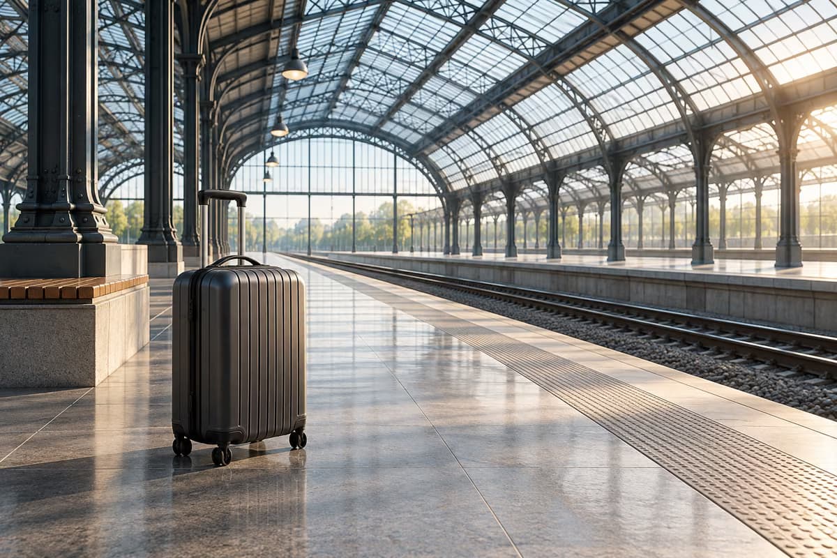 Une valise grise sur un quai de gare désert, sous une verrière voûtée en verre et en acier, dans la douce lumière du matin.