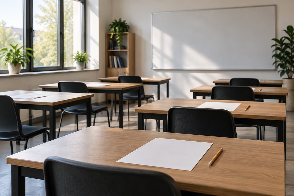 Une salle de classe moderne et vide avec des tables en bois, des chaises noires, des feuilles blanches et des crayons devant un tableau blanc vierge.