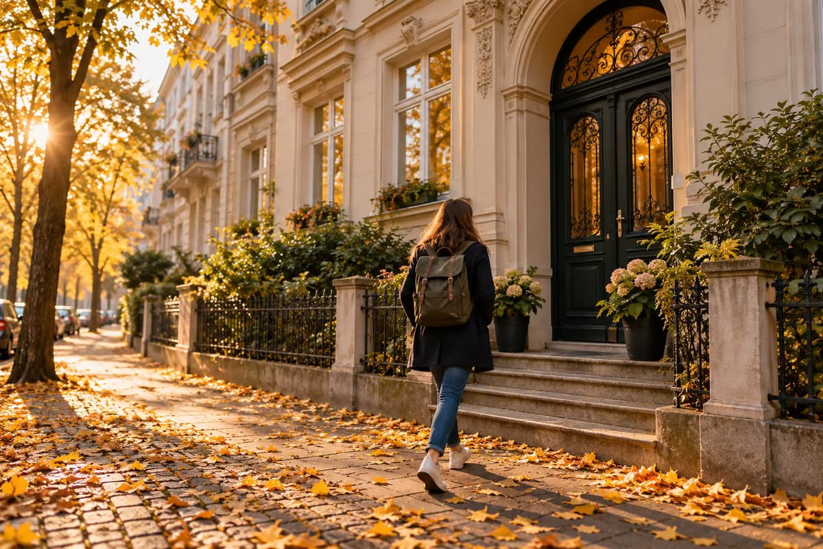 Une personne avec un sac à dos, vue de dos, passe devant les marches et la porte d'entrée cintrée d'un vieil immeuble d'habitation dans une rue arborée en automne.