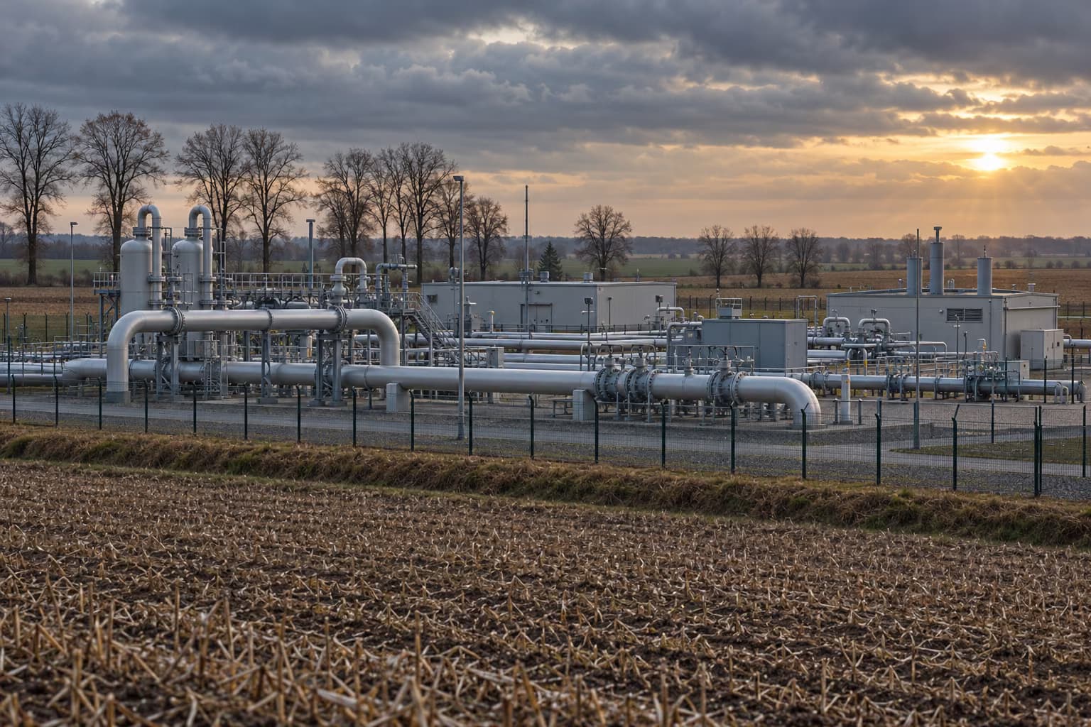 Une installation de gaz naturel avec des conduites argentées, des vannes et des bâtiments gris bas derrière une clôture, entourée de champs moissonnés et d'arbres dénudés sous un ciel nuageux du soir.