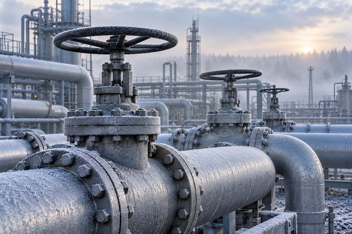 Gros plan sur des conduites de gaz industrielles couvertes de givre avec de grandes vannes à volant dans une usine de gaz, par un matin d'hiver brumeux.