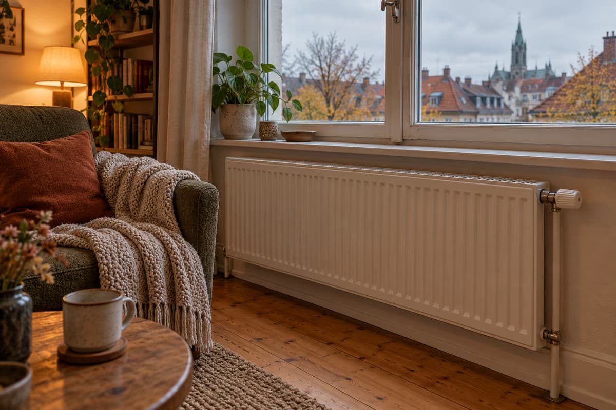 Un radiateur à panneau blanc avec un robinet thermostatique sous une fenêtre dans un salon douillet, avec un fauteuil, un plaid tricoté et des toits de tuiles à l'extérieur.