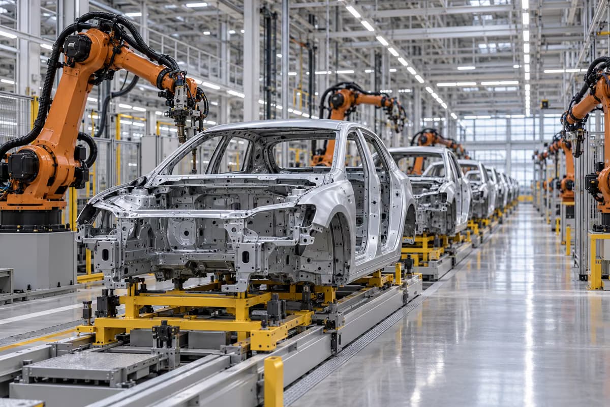 Des caisses de voitures non peintes sont alignées sur une chaîne de montage entre des bras robotisés orange dans un hall d'usine lumineux.