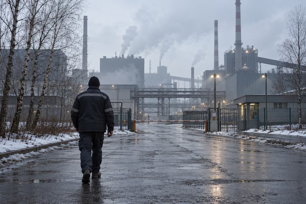 Un ouvrier vu de dos marche sur une route mouillée vers l'entrée d'un site industriel doté de cheminées, par une grise journée d'hiver.