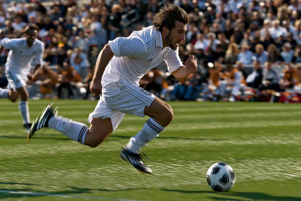 Un footballeur sprintant avec le ballon lors d'un match sur un terrain vert.