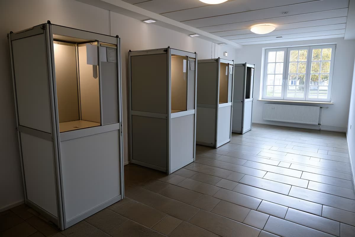 Un isoloir vierge dans une salle communale allemande sans charme, utilisée pour les élections.