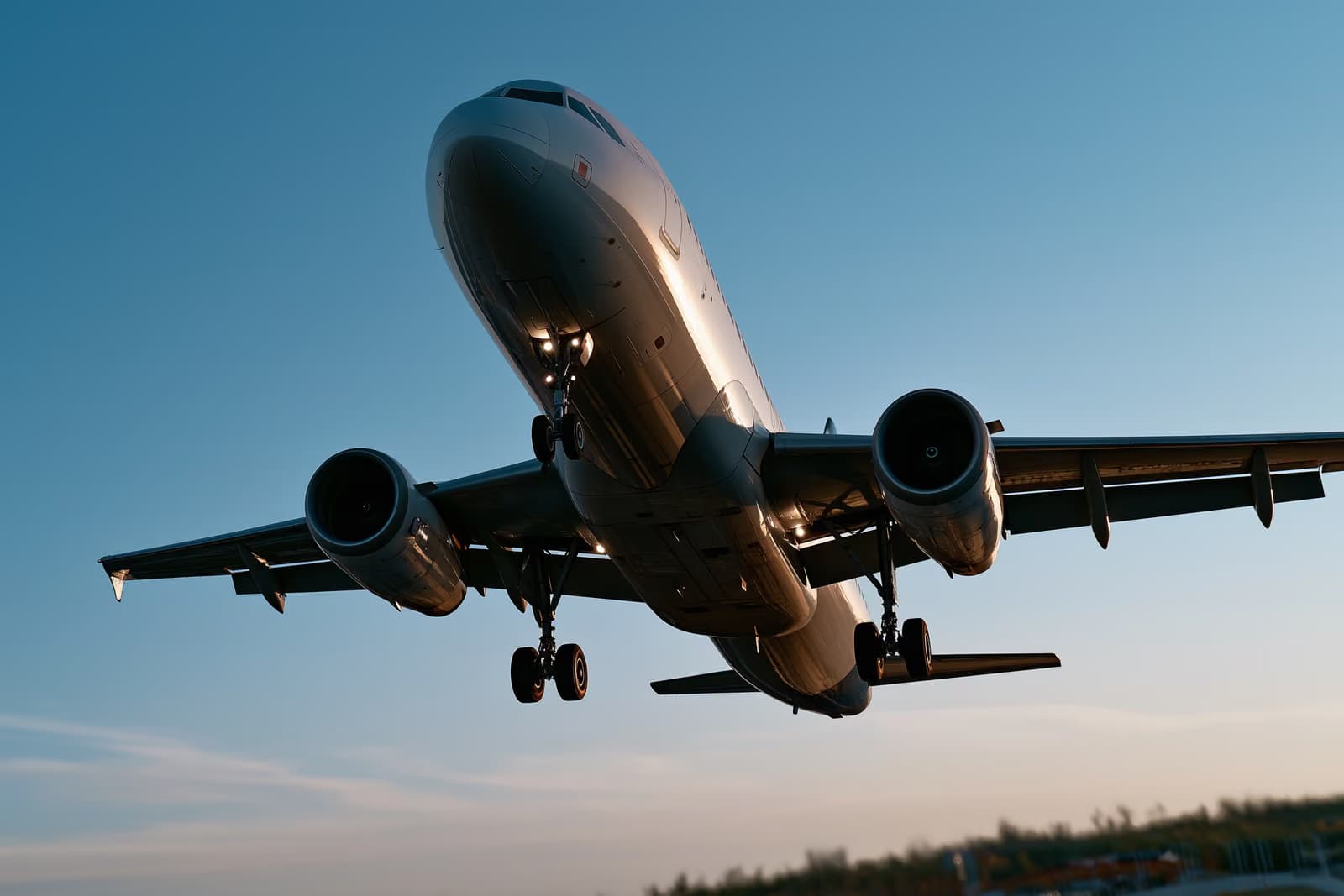 Un avion de ligne s'élevant dans un ciel dégagé, vu du sol.