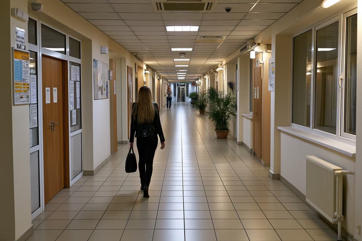 Une personne seule, marchant avec un sac, dans un couloir d'un bâtiment administratif.