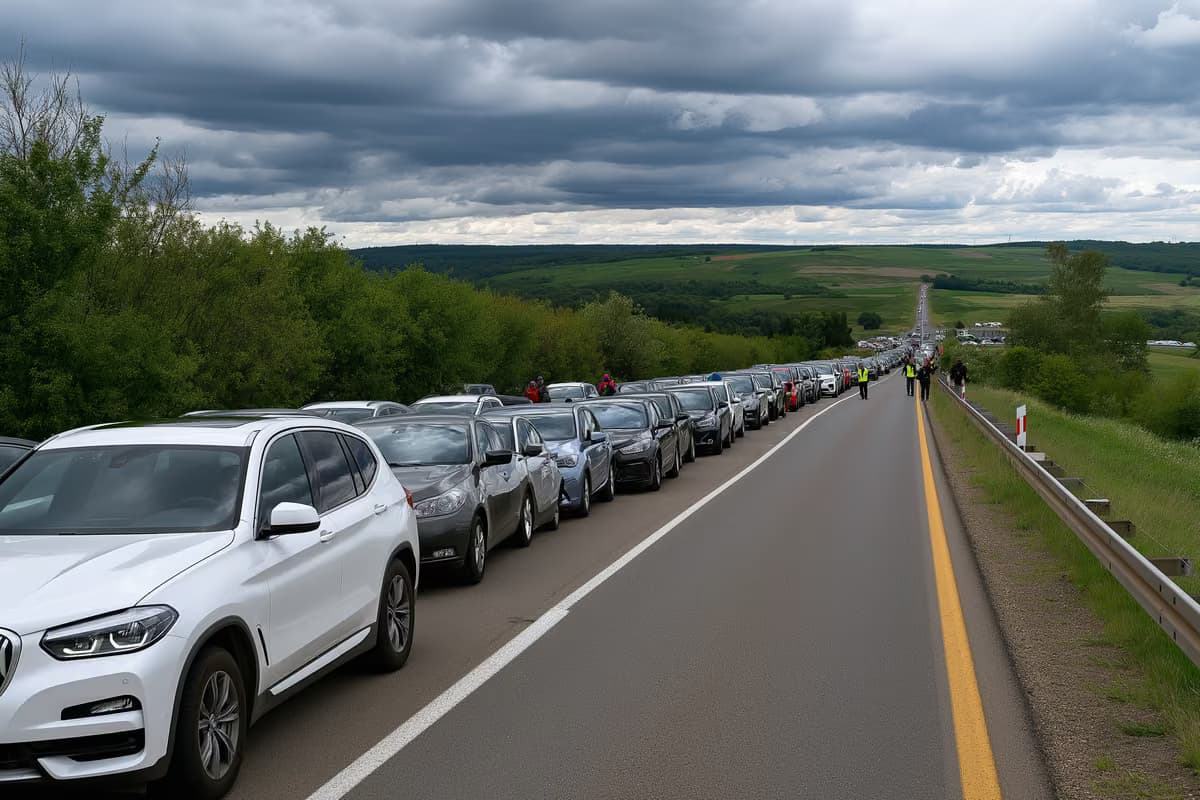 Sous un ciel couvert, les voitures font la queue au ralenti devant un point de contrôle temporaire sur une route de campagne près de la frontière bavaroise.