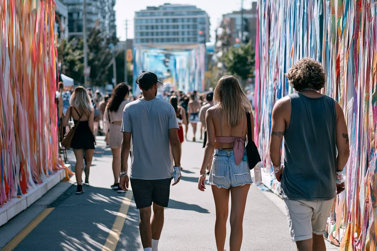 Par un bel après-midi d'été, des passants déambulent entre des installations artistiques en plein air dans un quartier animé de Berlin.