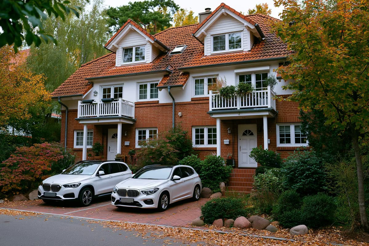 Une maison bifamiliale avec deux entrées et balcons séparés, située dans une rue de banlieue allemande : le type de bien immobilier au cœur de l’affaire BGH.