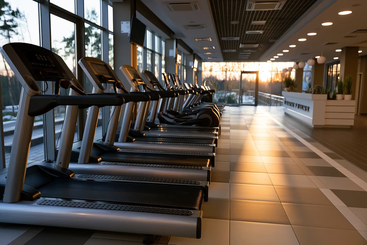Des rangées de tapis roulants vides dans une salle de sport moderne au crépuscule, avec le bureau des abonnements flou en arrière-plan.
