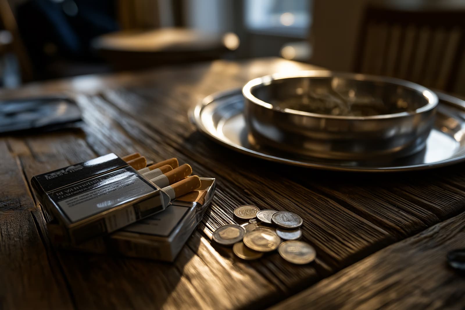 Un paquet de cigarettes et quelques pièces de monnaie gisent sur une table de bar usée, à côté d'un cendrier vide, illustrant à quel point le prix des cigarettes pèse sur le budget des fumeurs.
