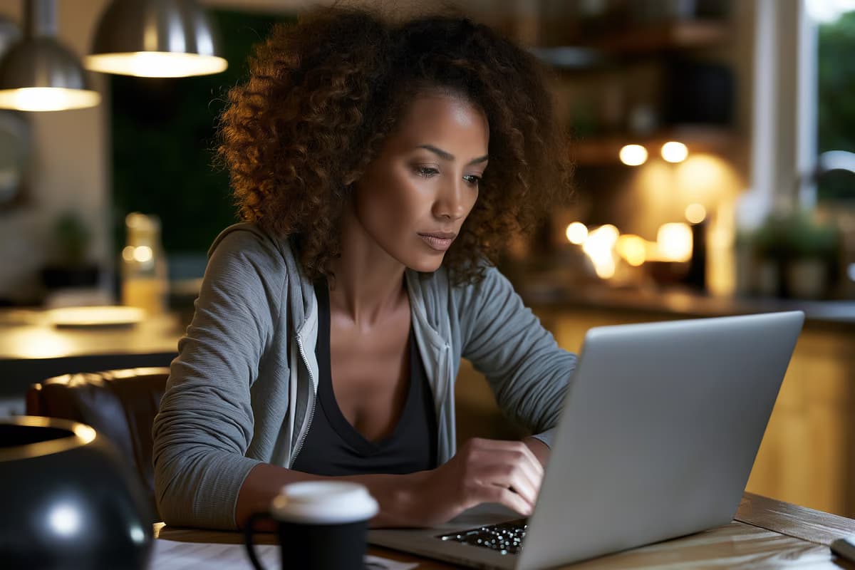 Une personne examine son portefeuille d'investissement sur un ordinateur portable, assise à la table de sa cuisine, dans la douce lumière du matin.