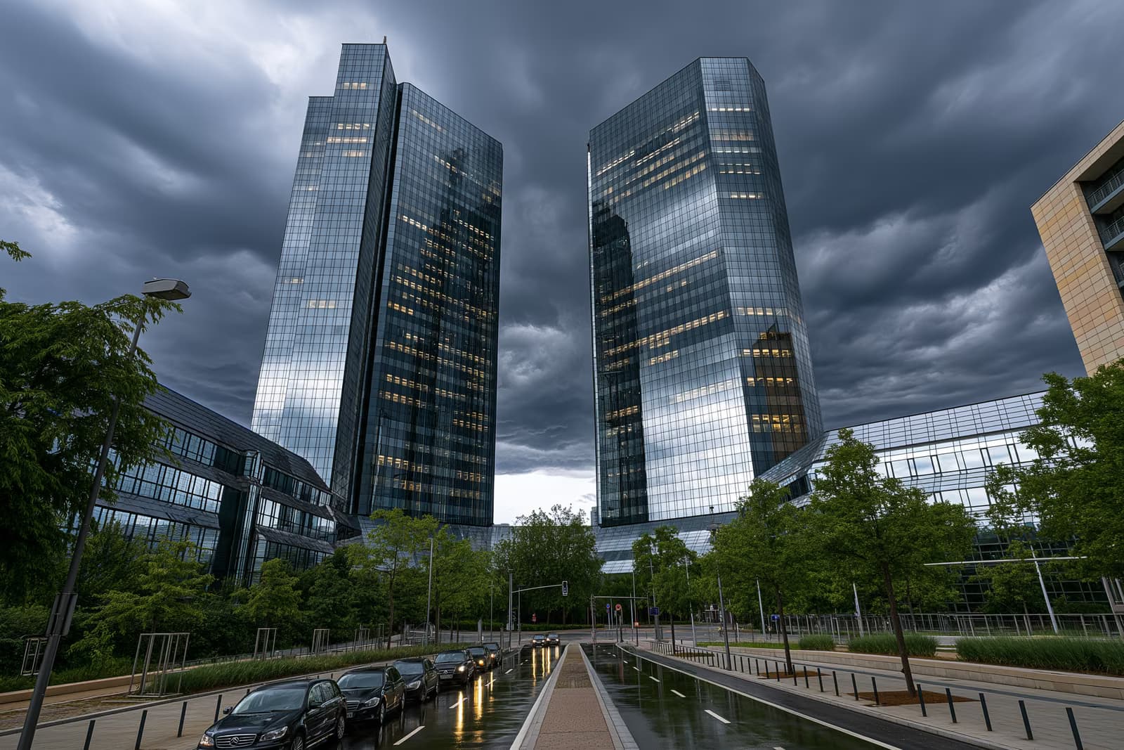Les deux tours jumelles de verre du siège social d'une banque à Francfort se dressent sous de sombres nuages après le pillage de la Deutsche Bank.