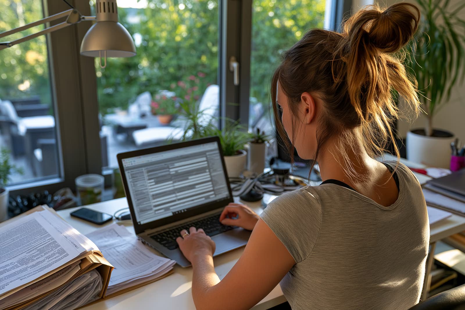 Une personne remplit une demande de chômage numérique sur un ordinateur portable à domicile au lieu de remplir des formulaires papier pour l'agence allemande pour l'emploi (Arbeitsagentur).