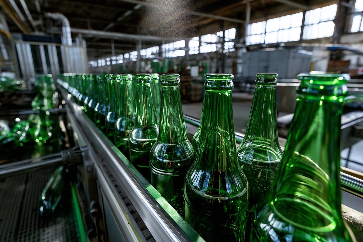 Des rangées de bouteilles de bière vertes vides s'alignent sur une chaîne de production à l'arrêt dans une salle d'embouteillage faiblement éclairée.
