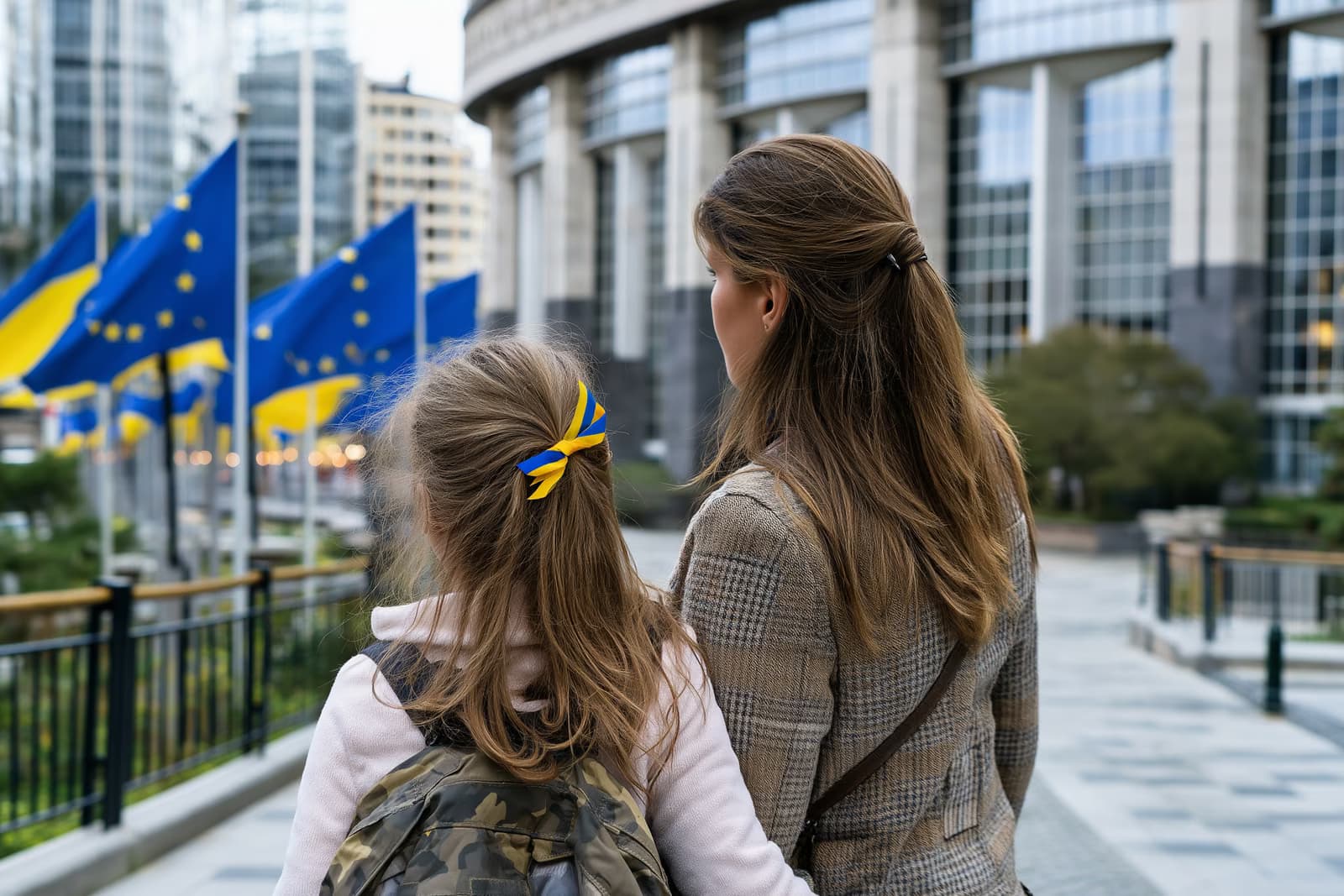 Une mère et sa fille ukrainiennes contemplent les drapeaux de l'UE devant un bâtiment d'une institution européenne après la prolongation de la protection temporaire accordée à l'Ukraine.