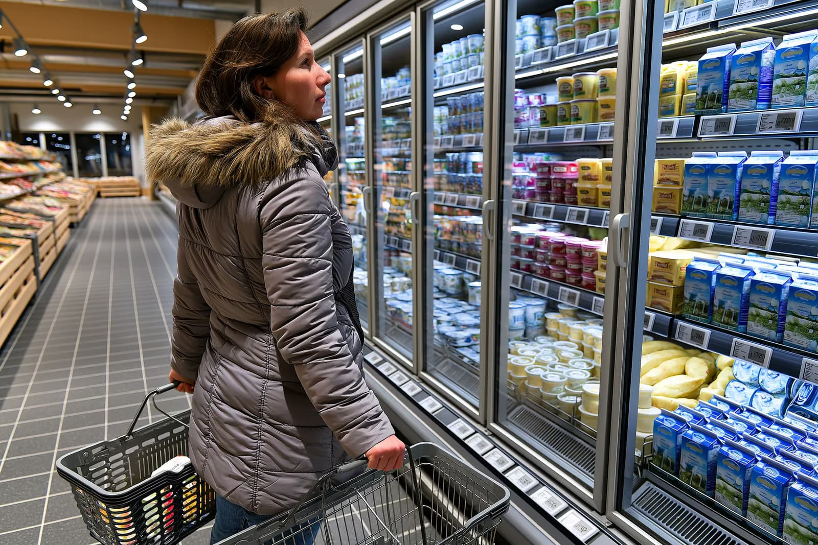 En Allemagne, une cliente compare les prix des produits alimentaires dans les rayons d'un supermarché, tenant son ticket de caisse devant les produits laitiers et les œufs.