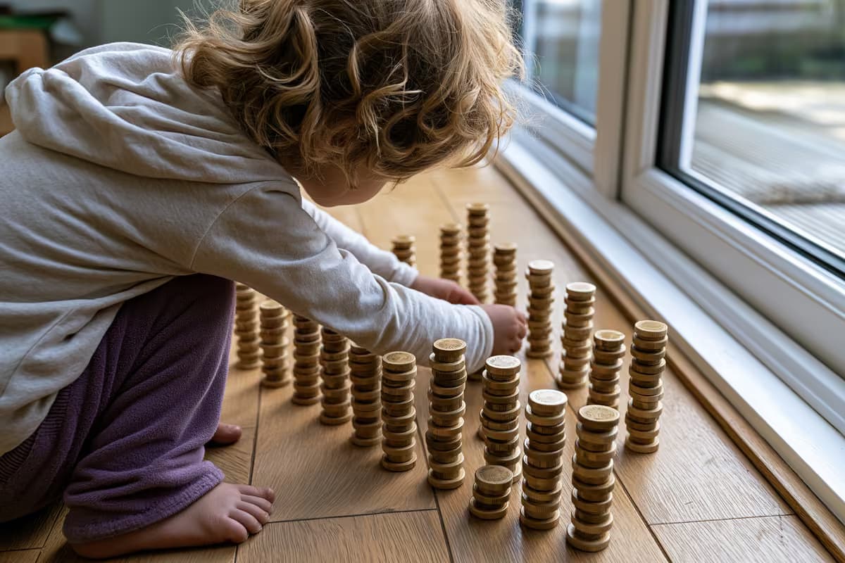 Une tirelire à côté d'une petite pile de pièces en euros sur un bureau en bois