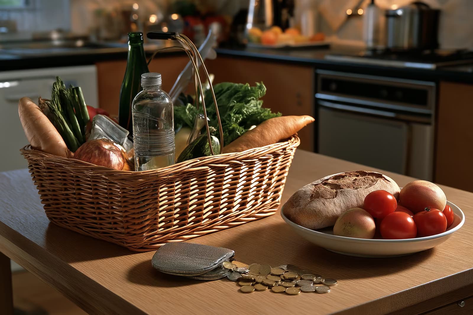 Un ticket de caisse d'un supermarché allemand et un affichage de pompe à essence sont présentés côte à côte sur une table de cuisine.