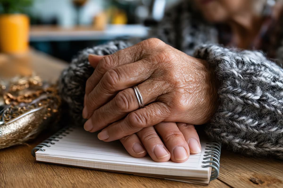 Des mains âgées posées sur un carnet de budget familial et un petit sac à main sur la table de la cuisine.