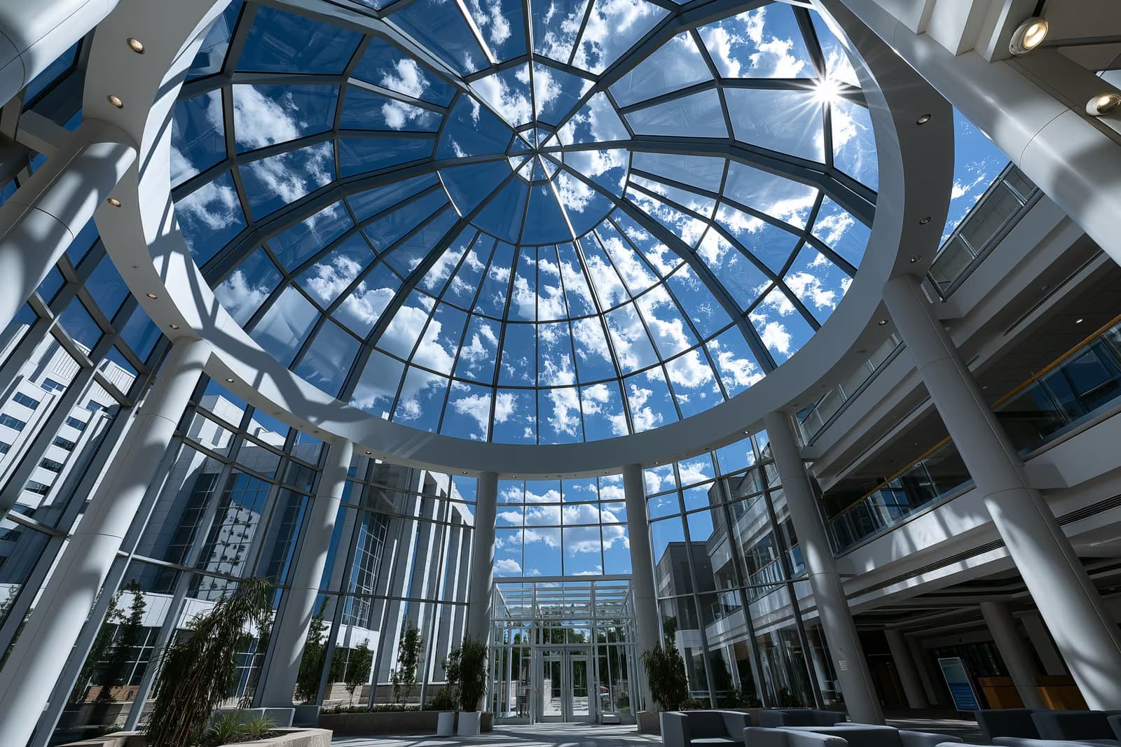 La coupole de verre du Parlement allemand vue d'en bas, se détachant sur un ciel d'été éclatant.