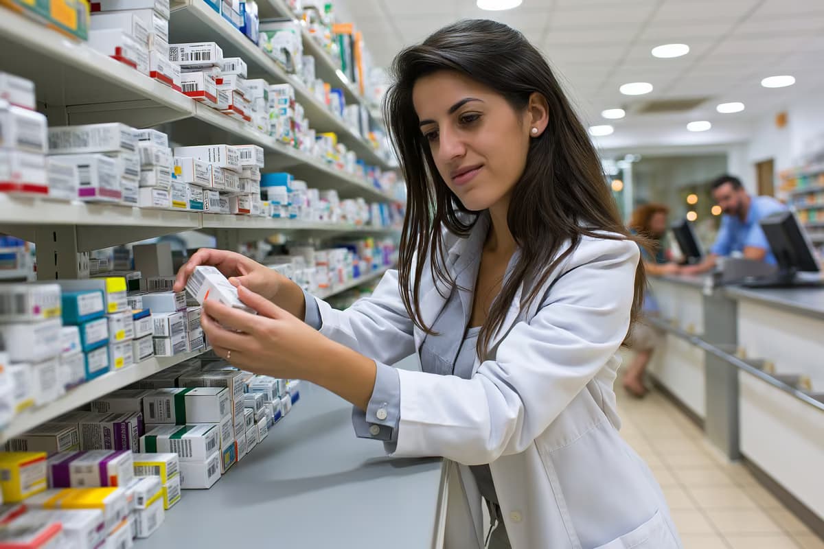 Dans une pharmacie allemande lumineuse, un pharmacien range des boîtes de médicaments sur une étagère derrière un comptoir.