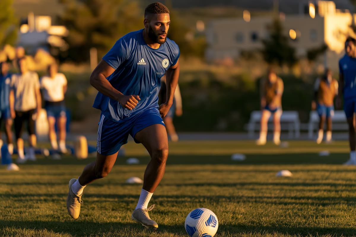 Un joueur gaucher, vêtu d'une tenue d'entraînement bleue sans marque, sprinte sur l'aile, ballon au pied, dans une lumière dorée rasante.
