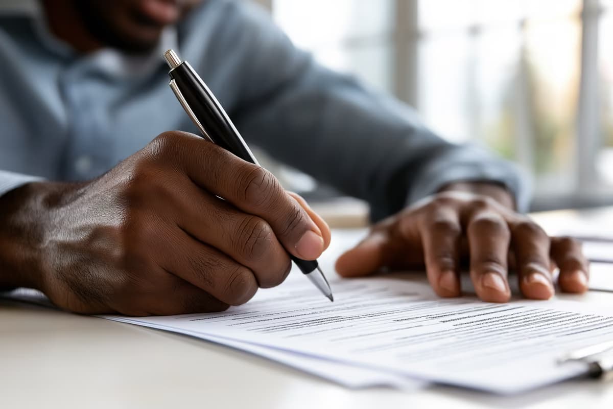 Une personne remplissant des formulaires à un bureau, munie d'un stylo et de formulaires officiels.