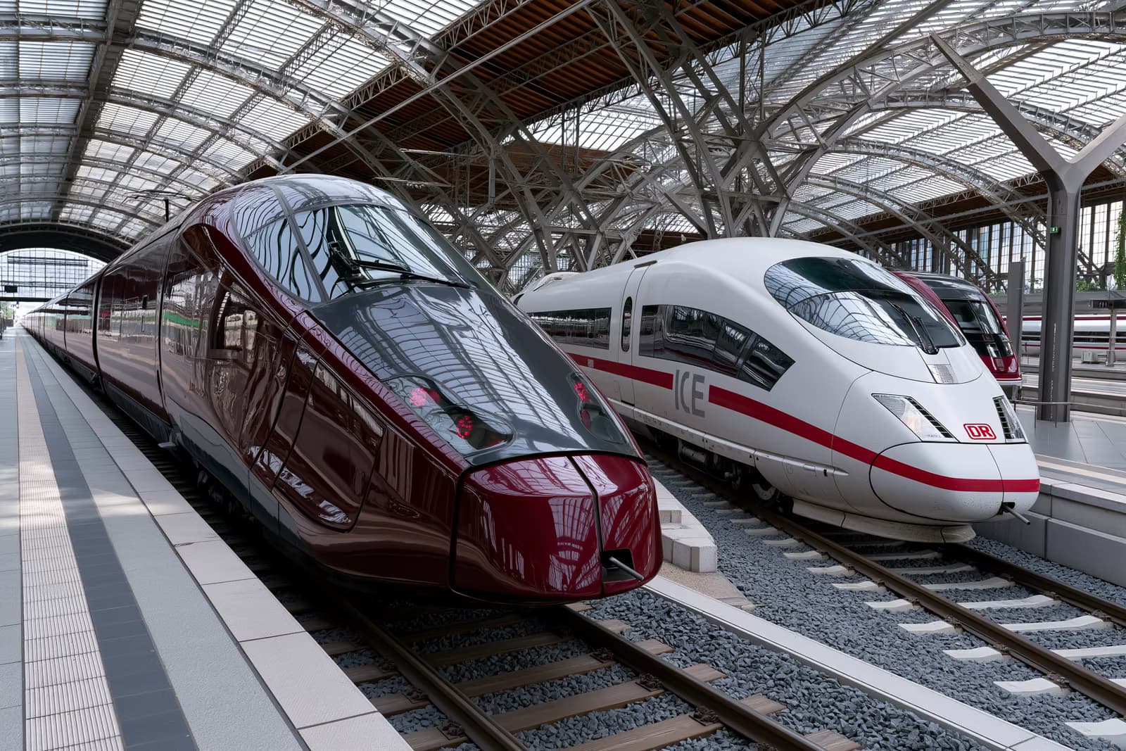 Dans le hall d'une gare allemande, un train à grande vitesse rouge foncé, garé à côté d'un ICE blanc sur des voies parallèles, symbolise le défi lancé par Italo à la Deutsche Bahn.