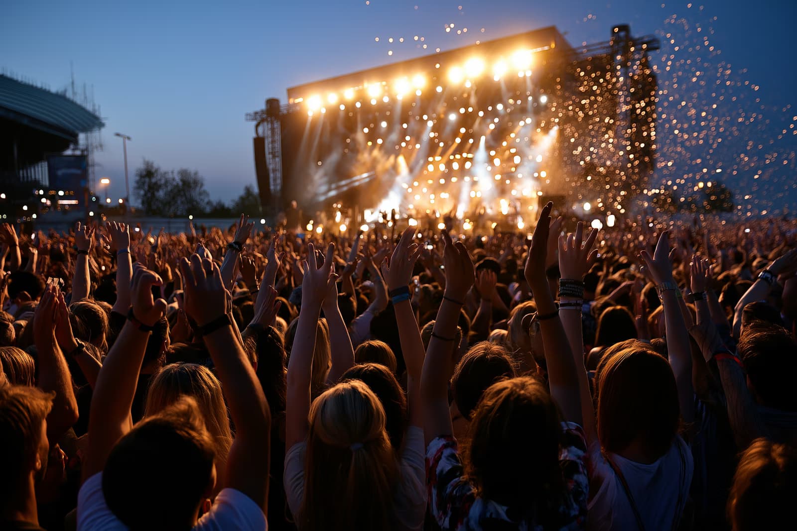 Une foule immense, les bras levés, devant la scène principale illuminée du festival Lollapalooza Berlin, dans le parc olympique, en soirée.