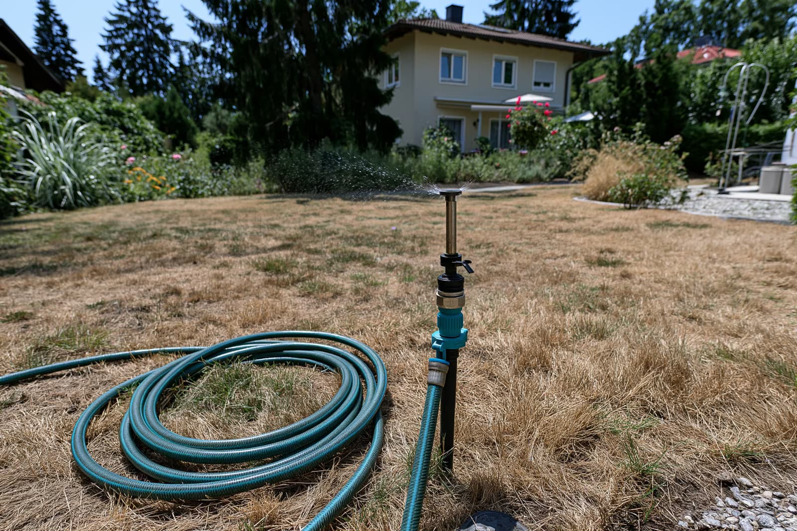 Un arroseur de jardin reste inactif sur une pelouse desséchée et jaunie dans une banlieue de Munich pendant l'interdiction d'arrosage de Munich.