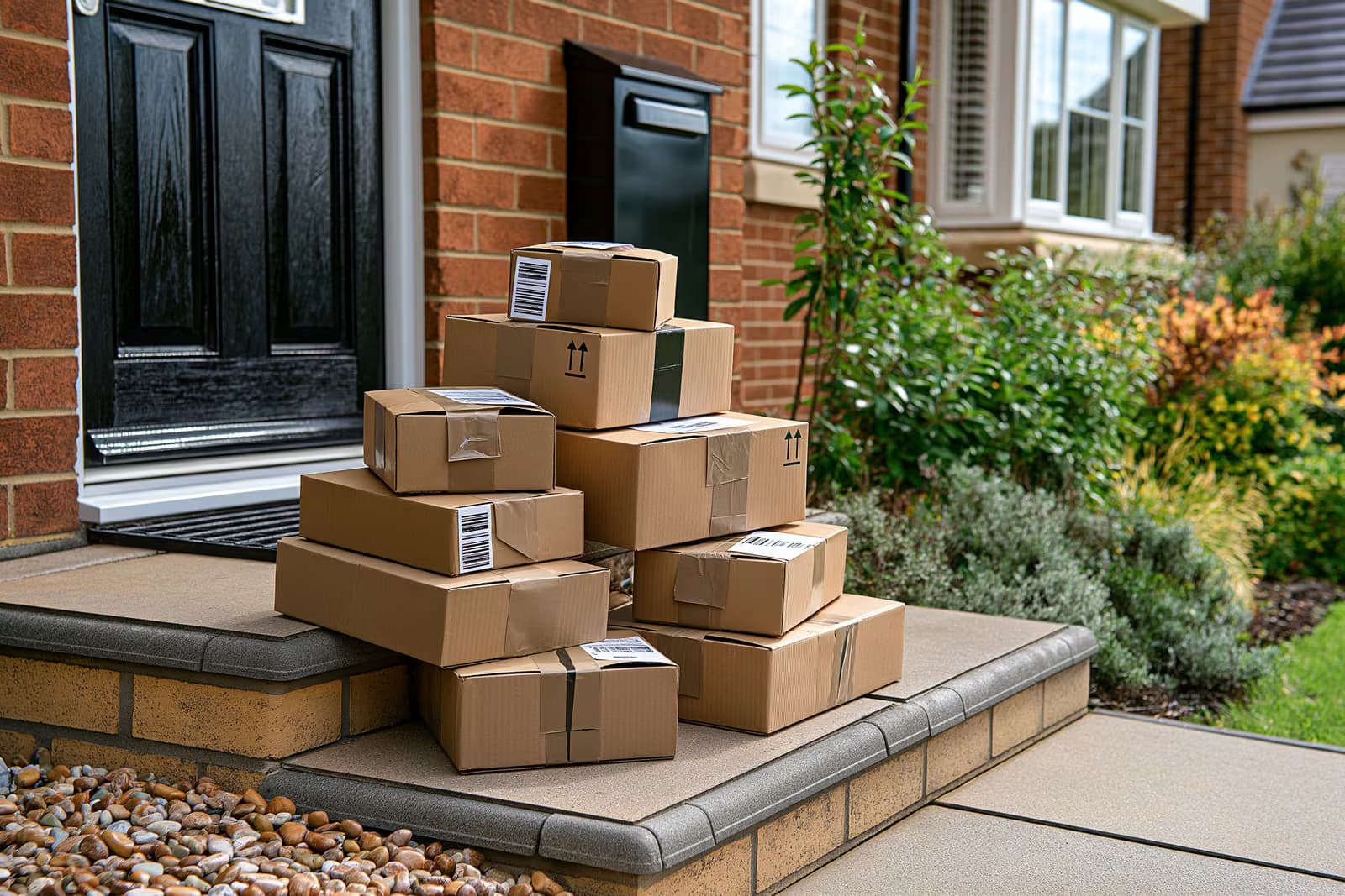 Une pile de petits colis en carton sur le pas d'une porte, attendant d'être récupérés.