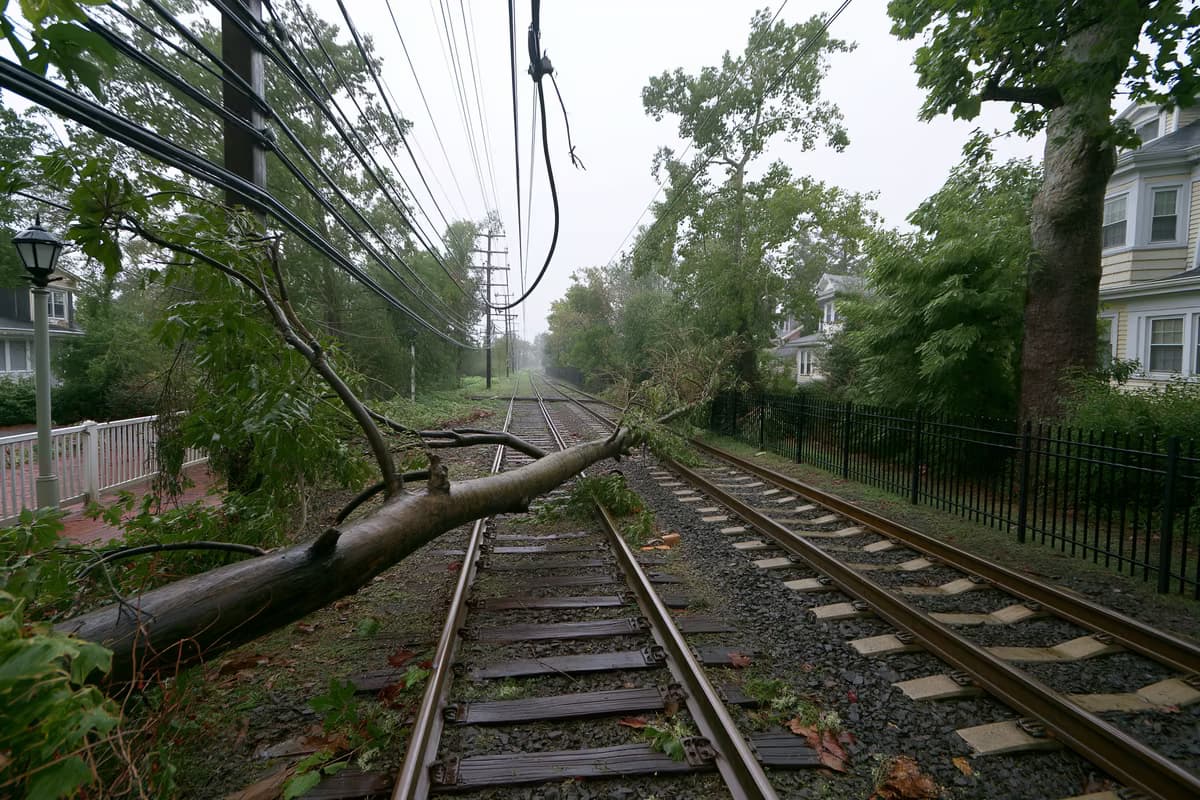 Après la tempête à Franconia, une branche tombée en travers des voies ferrées de banlieue, sous un câble aérien endommagé, jonchait le sol.