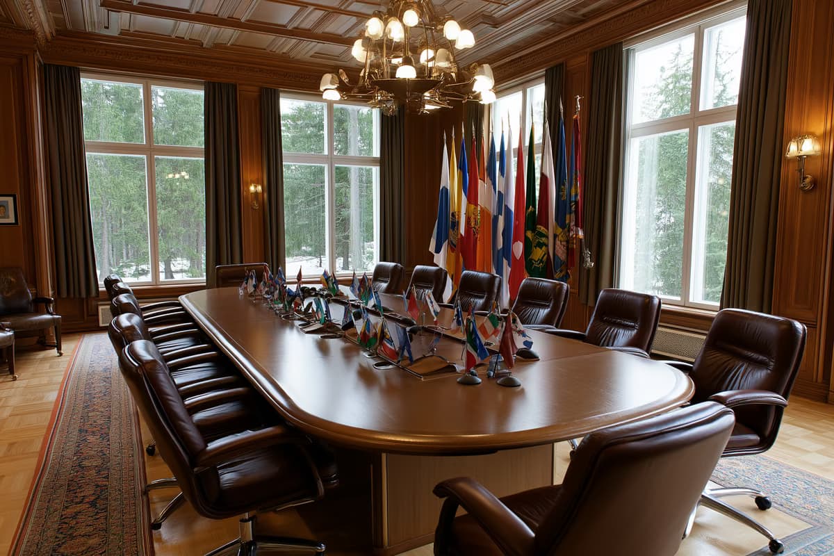 Une salle de réunion ministérielle vide, avec une longue table ovale, des chaises en cuir et de petits drapeaux nationaux baignés par la lumière du matin.