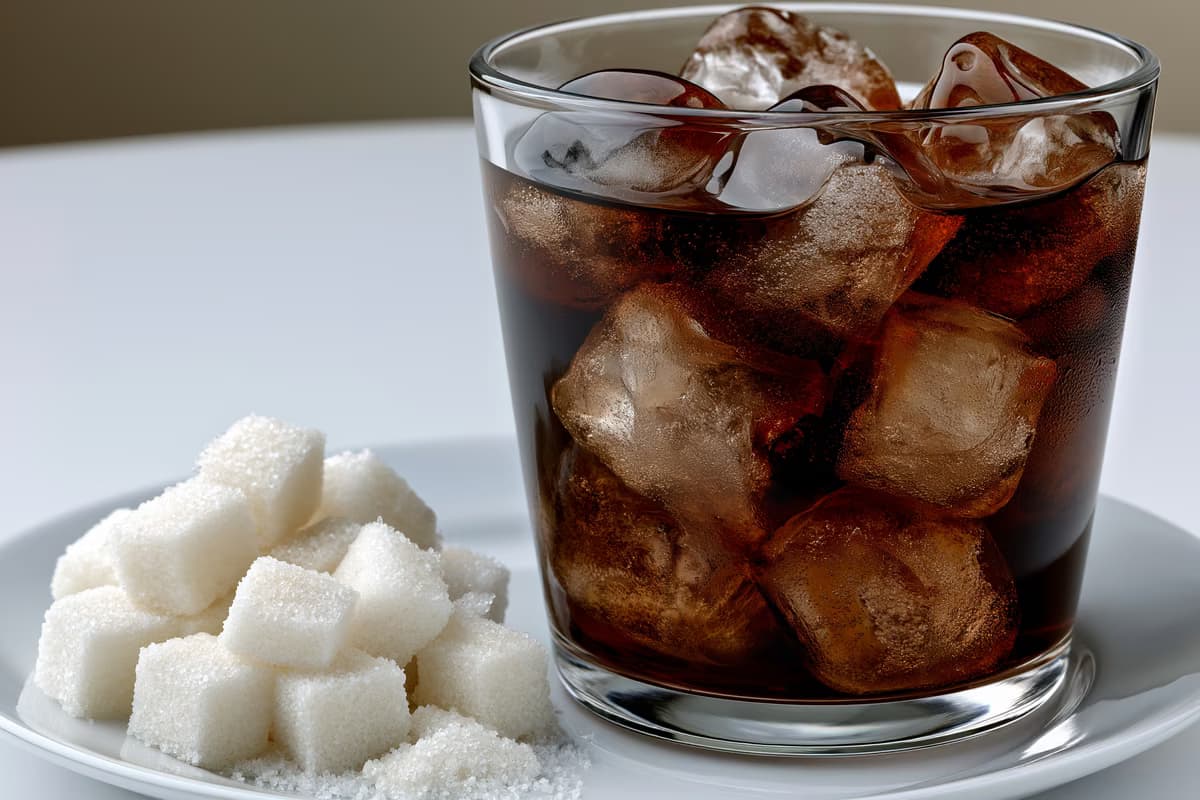 Un verre de cola avec des glaçons à côté d'un petit tas de morceaux de sucre blanc sur une table blanche, illustrant la teneur en sucre qui sous-tend le débat fiscal.