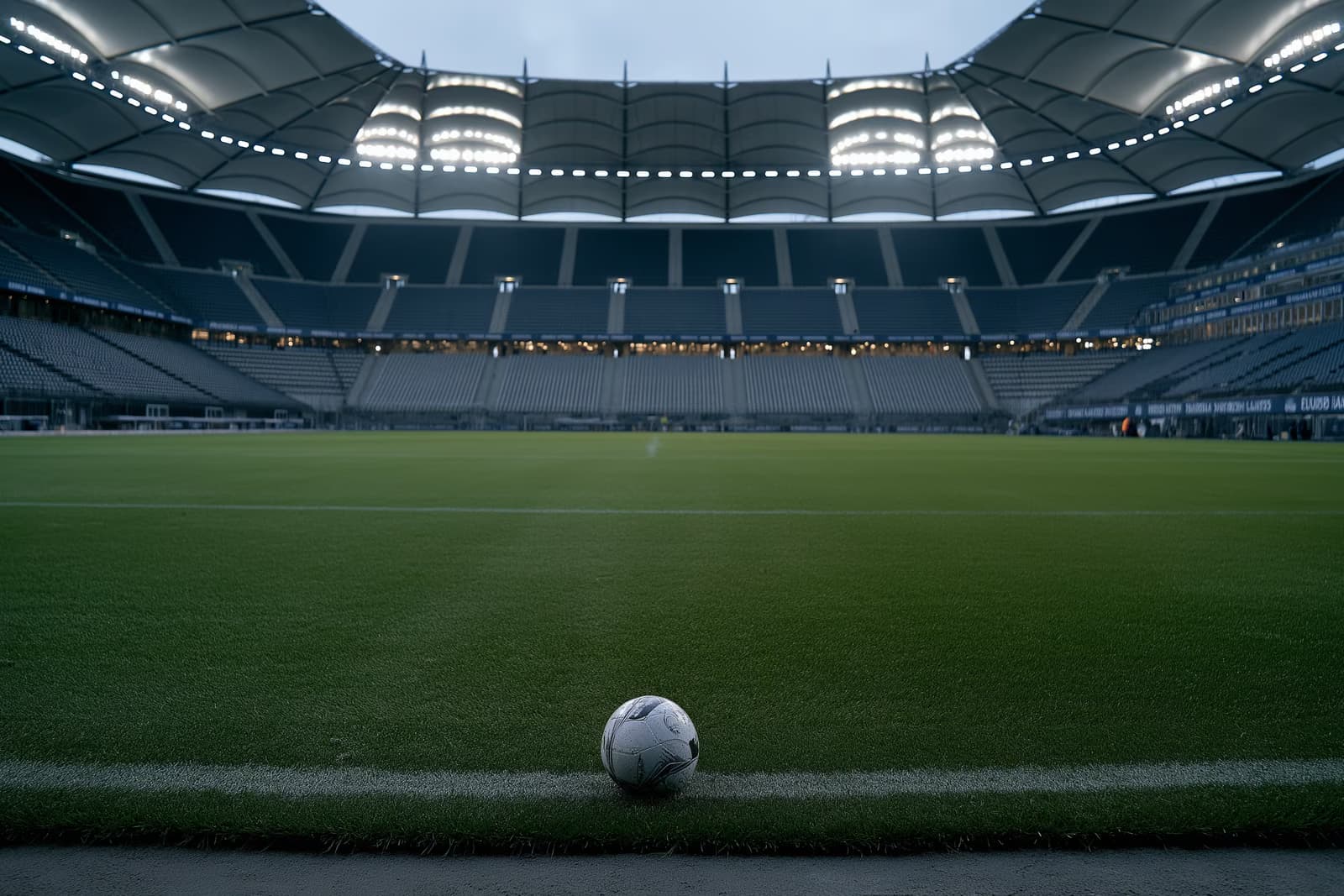Un stade de football vide à Hambourg au crépuscule, les projecteurs allumés et un ballon solitaire au point mort après le départ de Vuskovic du HSV.
